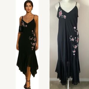 Y2K Black Slip Dress Floral Embroidery Handkerchief Dark Romantic Whimsigoth L